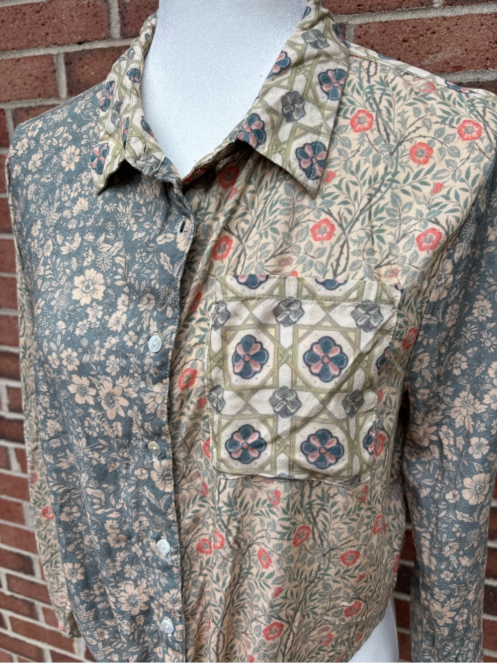 Natural Life Mixed Print Tie Front Button Up Blouse Size M Boho Floral Patchwork - Picture 3 of 9